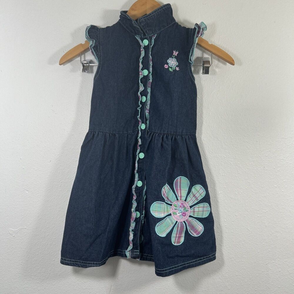 Vtg Carter's Denim Dress Kids 6X Blue Embroidered Vacation Sundress